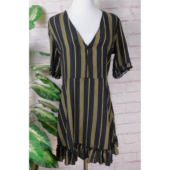 Parisian V-Neck Stripe Print Dress Size 10 Black Frill Detail Casual Chic - Picture 1 of 12